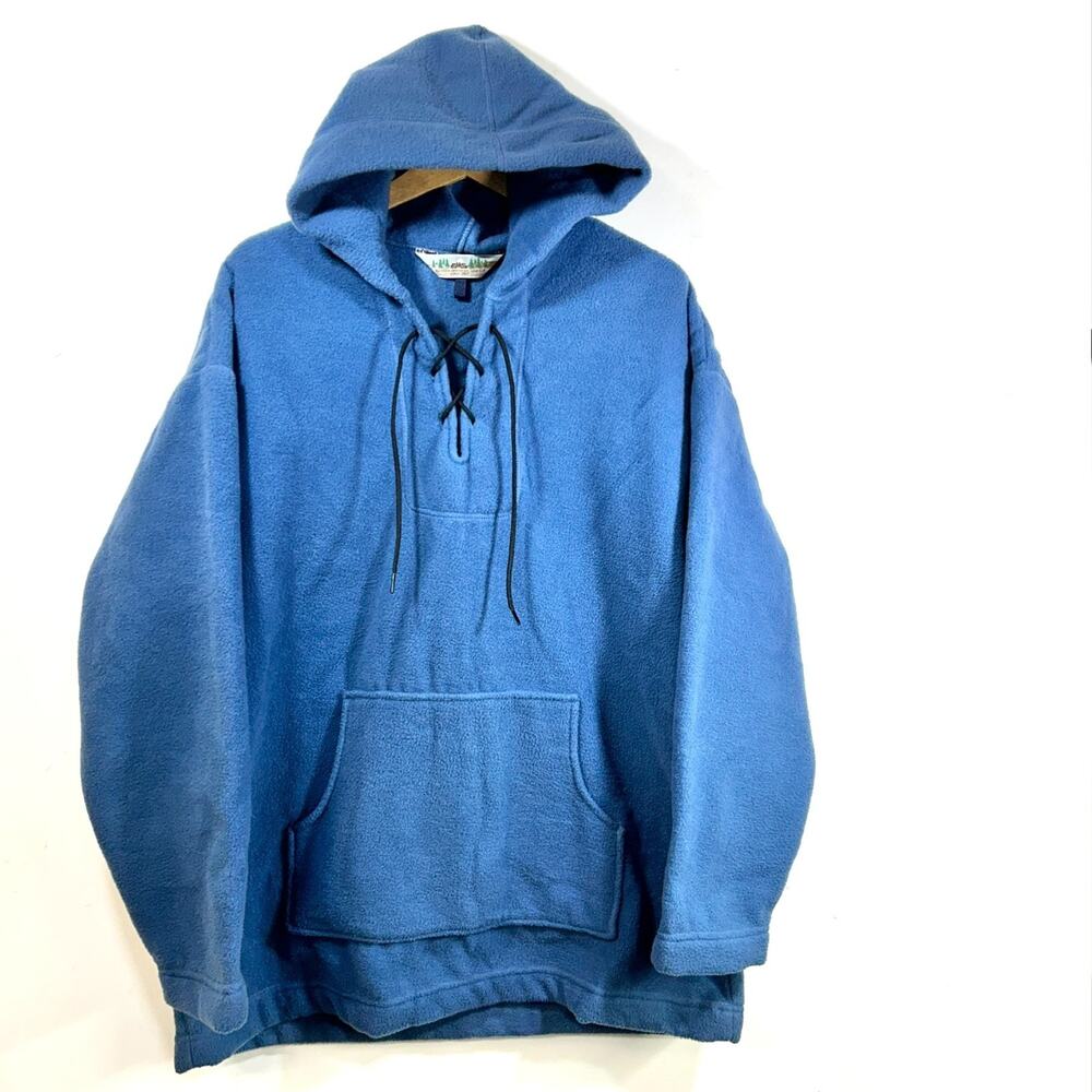 Vintage 90s EMS Henley Fleece Hoodie Lace Up Front RARE Blue Mens Large USA